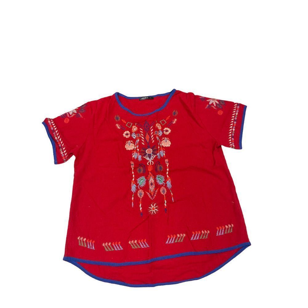 IZURIA Womens Red Floral Embroidered Short Sleeve Hi Low Top Size L